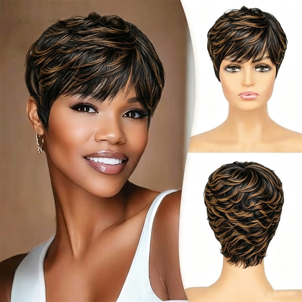 Lace Front Wigs - 브라운 블론드 인모 가발 180% 숏