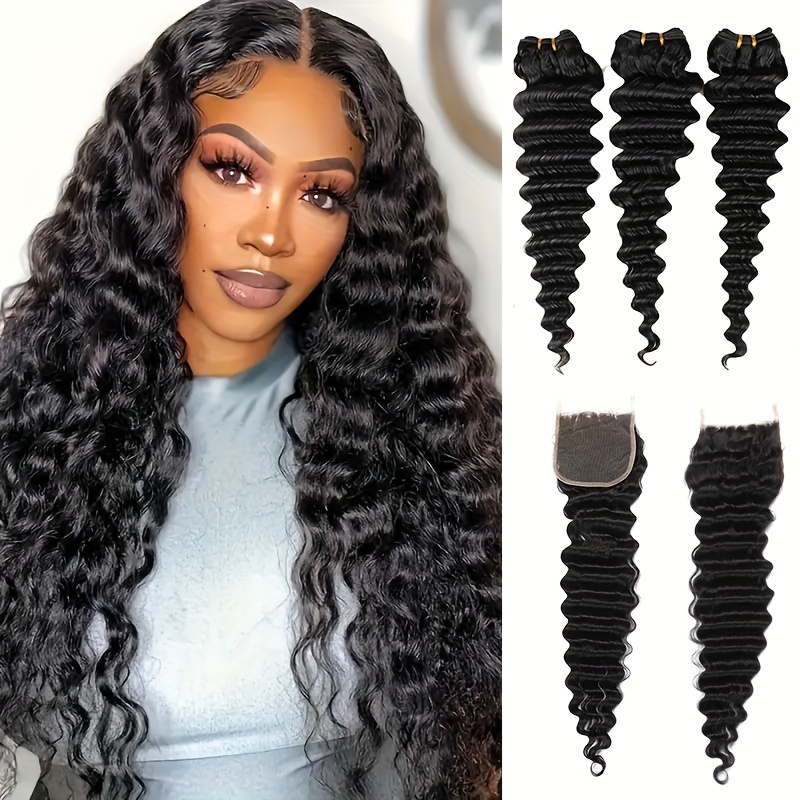 Deep Wave 3 Bundles With Closure - 브라질 딥 웨이브 헤어 레이스 클로저