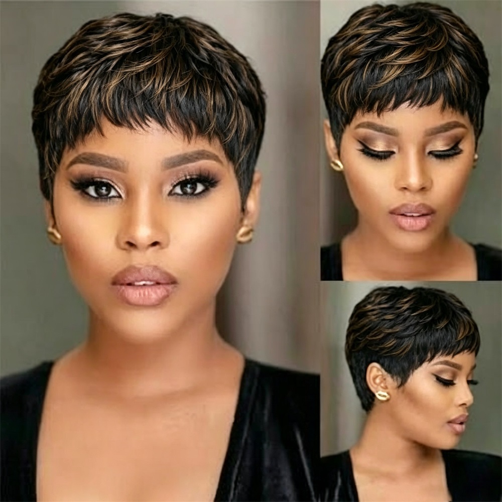 브라운 블론드 인모 가발 180% 숏 픽시컷 노 레이스 - Lace Front Wigs 리뷰 및 가격