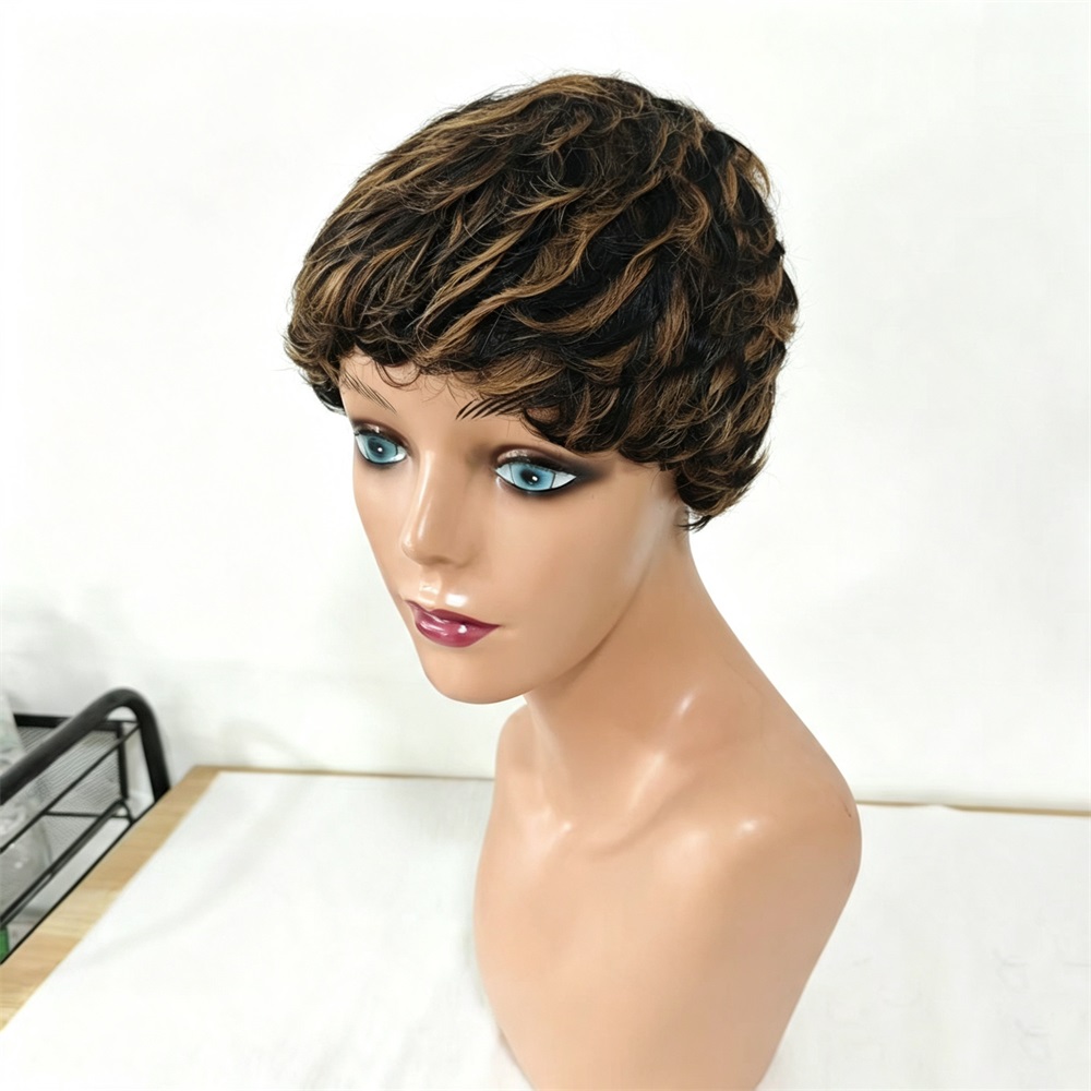 브라운 블론드 인모 가발 180% 숏 픽시컷 노 레이스 - Lace Front Wigs 리뷰 및 가격