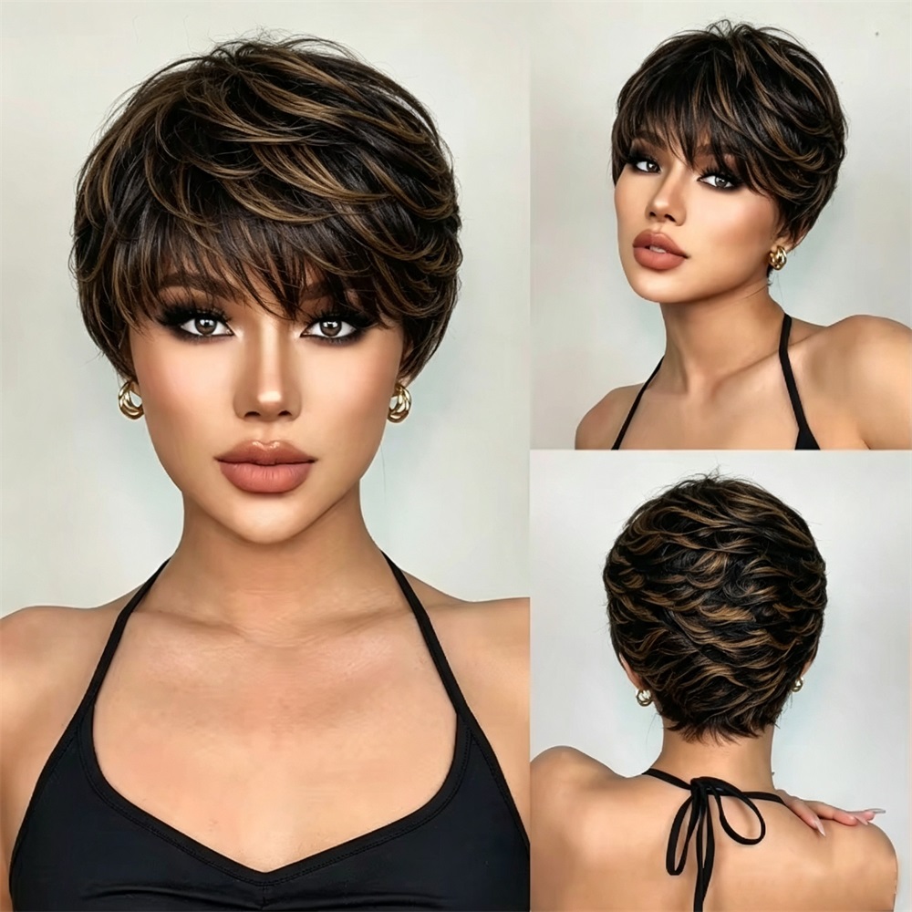 브라운 블론드 인모 가발 180% 숏 픽시컷 노 레이스 - Lace Front Wigs 리뷰 및 가격