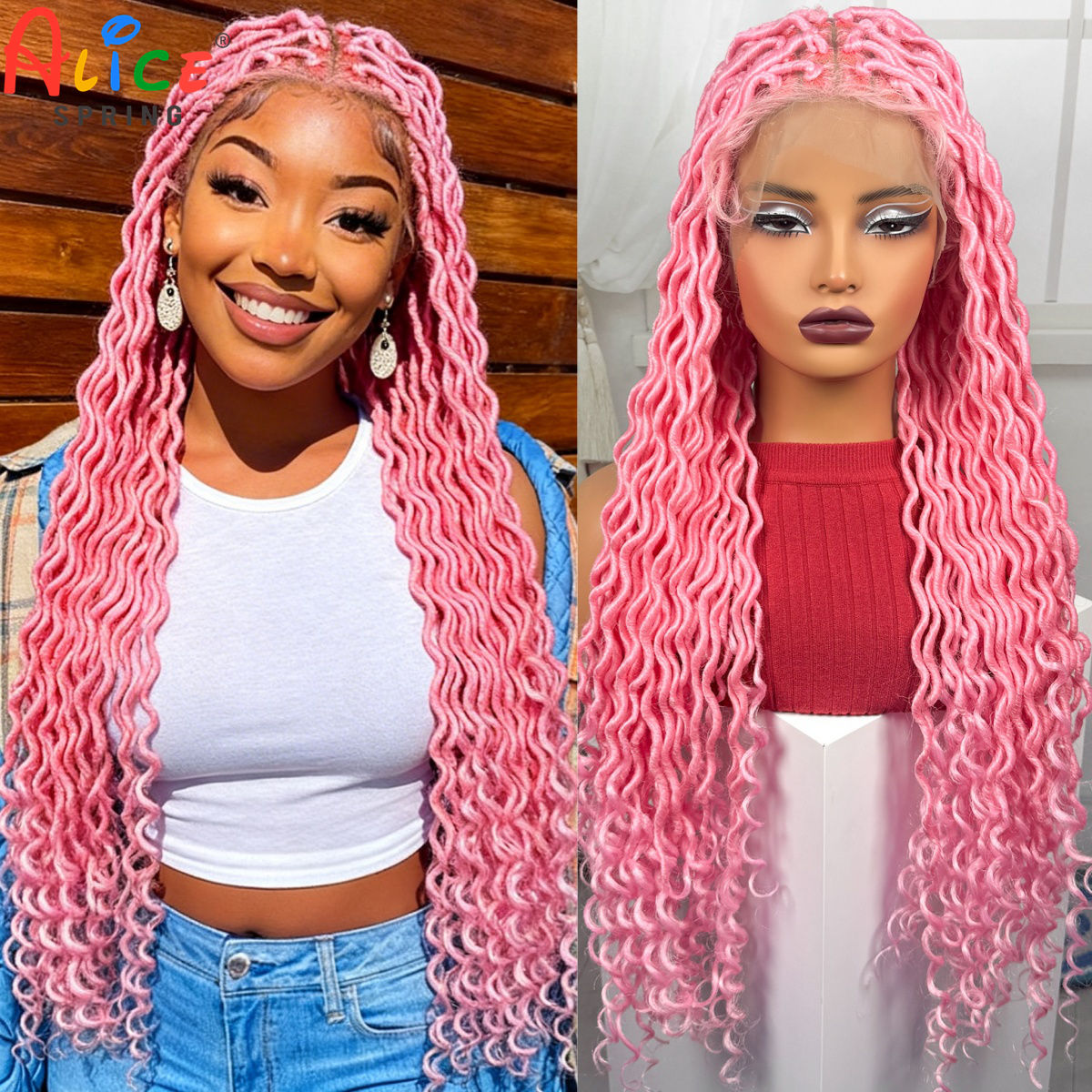 핑크 컬러 풀 레이스 브레이드 가발, 합성 노트리스 박 - Synthetic Braided Wigs For Black Women 리뷰 및 가격